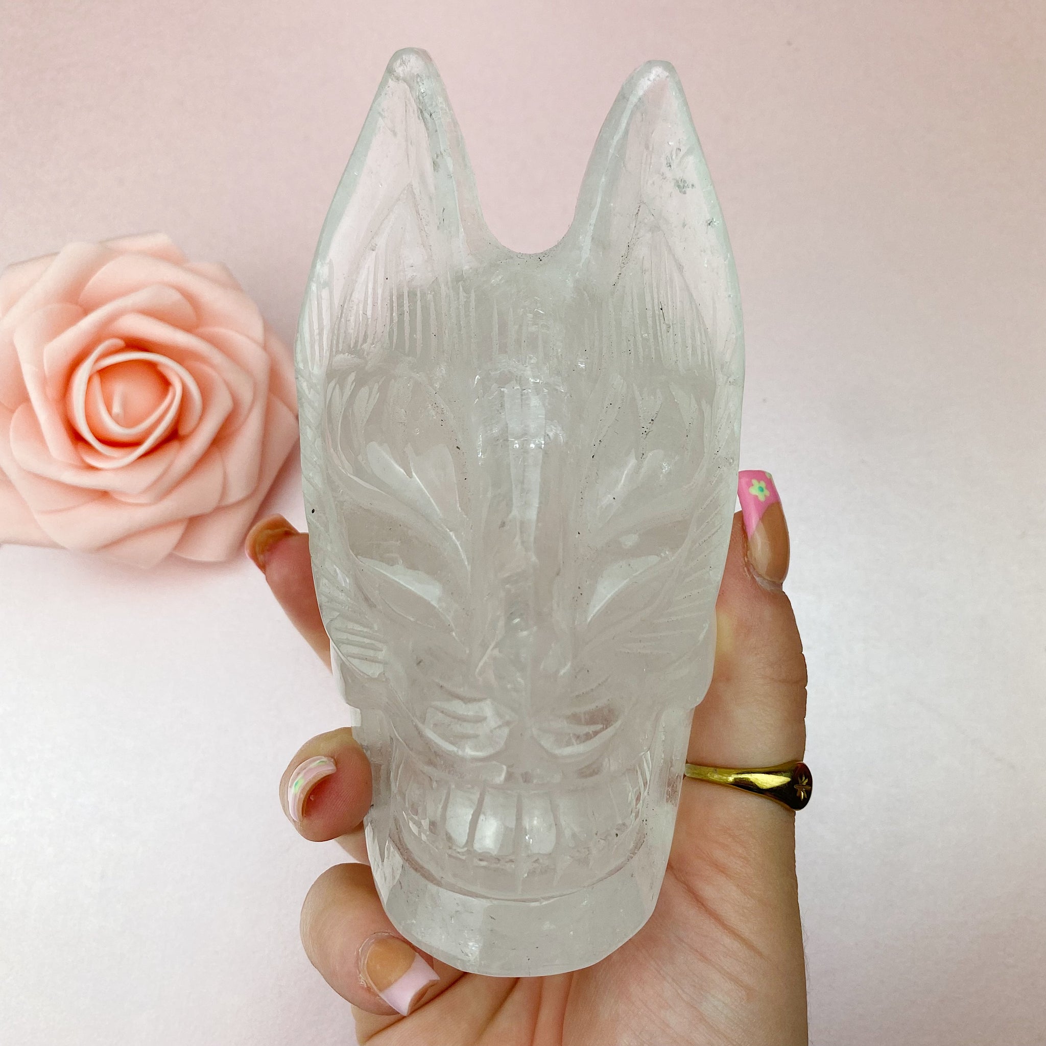 Clear Quartz Cat Mask Skull